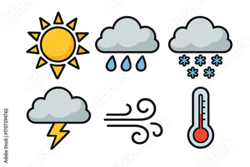 Weather icons set sun rain snow lightning wind temperature symbols vector cartoon illustration transparent background ordered collection