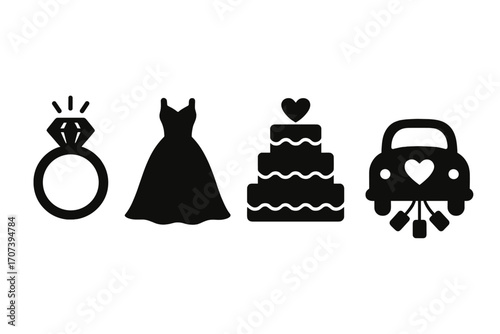 Wedding icons set with engagement ring, bridal dress, tiered cake with heart, and classic car with heart and cans, black silhouette vector illustration for romantic ceremonies and celebrations