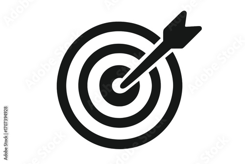 Target icon with arrow in the center bullseye. Symbol for accuracy, precision, and success. Business goal achievement concept. Marketing strategy and objective focus vector.