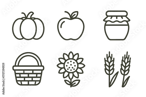 Autumn harvest icon set. Vector outline collection with pumpkin, apple, jam jar, basket, sunflower, and wheat. Agriculture and food symbols for fall season design.