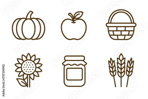 Autumn harvest icon set with pumpkin, apple, basket, sunflower, jam jar, and wheat. Vector line art illustration for fall festival, Thanksgiving, and farming concepts.