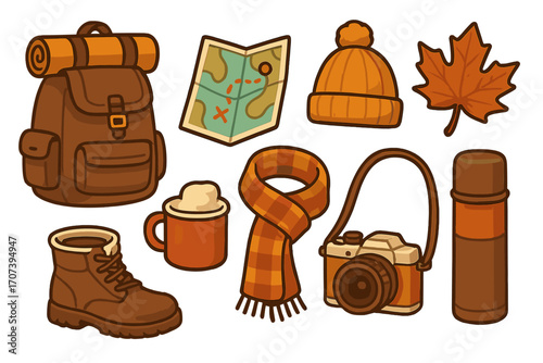 Autumn travel essentials icon set for cozy adventures. Vector cartoon illustration of backpack, map, camera, boot, scarf, and thermos for hiking and camping trips.