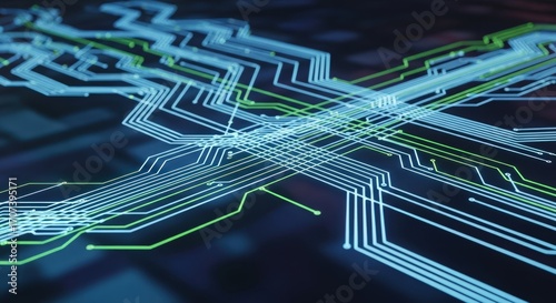 Modern technological circuit design with glowing lines for innovative digital solutions and connectivity concepts