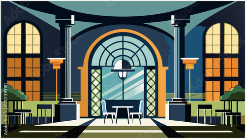 Vector art of elegant restaurant interior with arch and columns in retro style vector