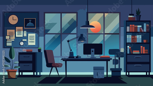 Illustration of a modern office interior with desk and sunset city view window