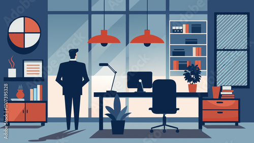 Vector art of office interior with person, desk, computer, furniture and city view