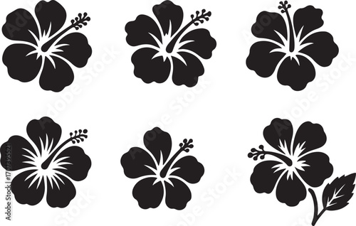 Hibiscus in Floral Silhouette: A set of black hibiscus flower illustrations, a versatile design element for tropical themed products, evokes the beauty of nature and delicate flora.