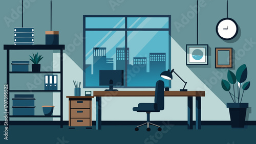 Illustration of a modern office interior with desk and city view window