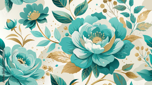 Vector art of floral pattern with turquoise flowers and golden leaves on a light background