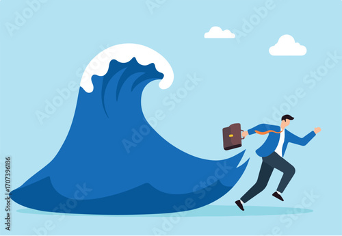 Flat illustration of businessman escapes from dangerous wave symbolizing running away from business crisis.