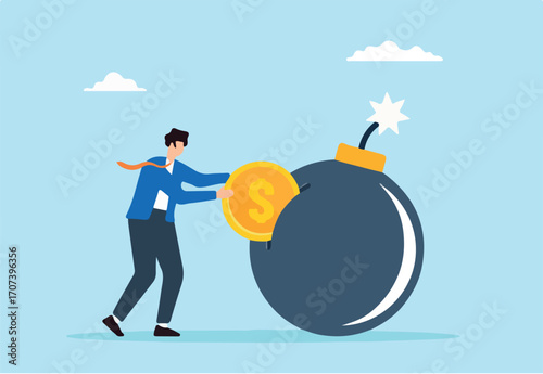 Flat illustration of businessman places dollar coin into ticking debt bomb symbolizing paying off financial obligations