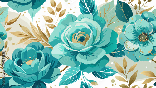 Vector art of turquoise rose flower seamless pattern with golden leaves