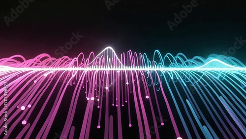Dynamic wave of glowing lines and energy particles creating a vibrant animated background