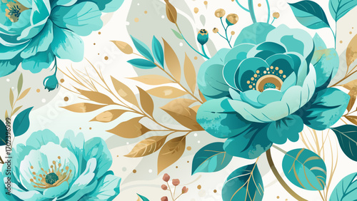 Vector art of seamless floral pattern with turquoise flowers and golden leaves on