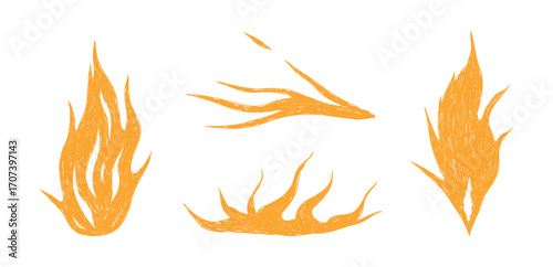 Hand drawn Fire Flame set. Hot crayon flames shapes in cartoon style. Grunge grafitti icons for tattoo, punk rock stickers, sketch. Funky yellow chalk brush elements. Isolated doodle vector illustrati