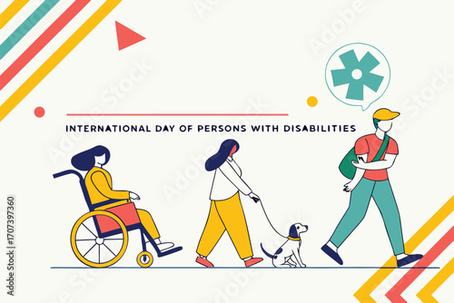 International Day of Persons with Disabilities. Diverse community with inclusive symbols like wheelchair, prosthetic limb, and guide dog. Flat vector illustration.

