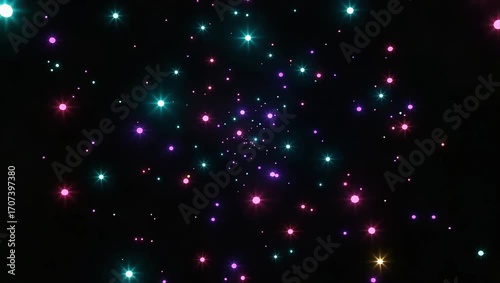 Colorful glowing dust particles floating in deep space, an abstract science fiction starfield animated background with vibrant neon bokeh effects