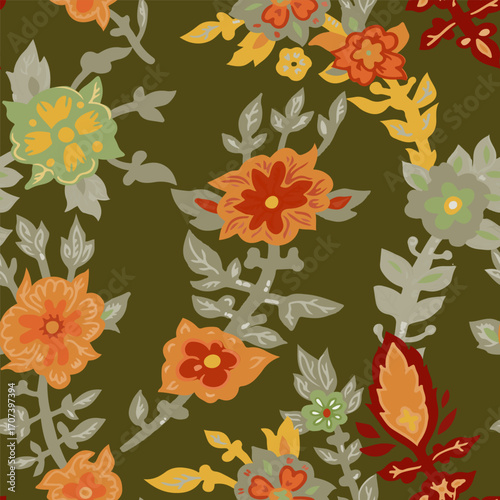 Olive Green Floral Seamless Pattern