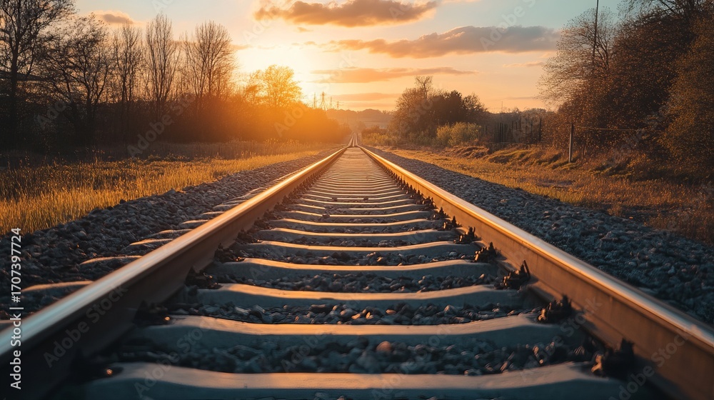 Fototapeta premium Railroad tracks stretching into a golden sunset