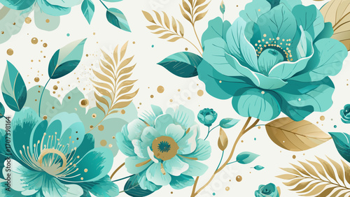 Vector art of elegant floral pattern with turquoise flowers and golden leaves on