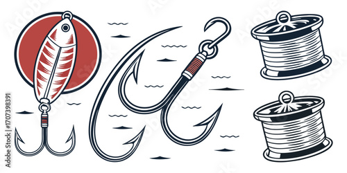 Dynamic fishing lure and hooks with spools symbolize outdoor adventure, catch, and angling success