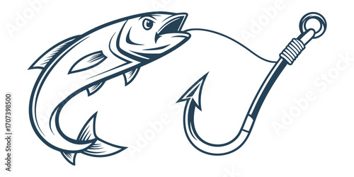 Dynamic fish leaping towards a sharp fishing hook symbolizing catch and adventure