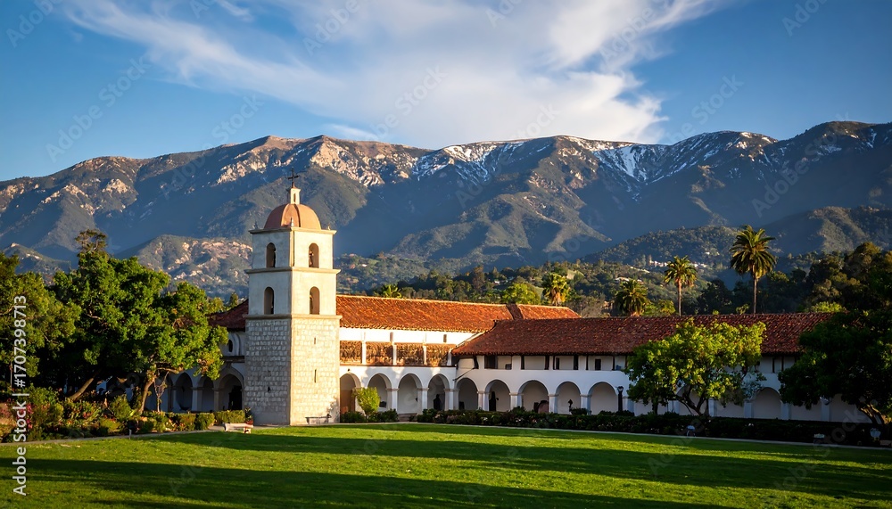 Fototapeta premium Spanish mission nestled in valley with snowy mountains