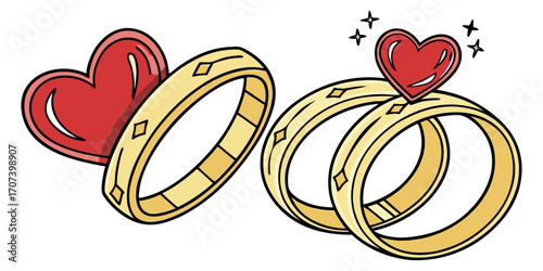 Two golden wedding rings entwined with vibrant red hearts symbolize eternal love and commitment