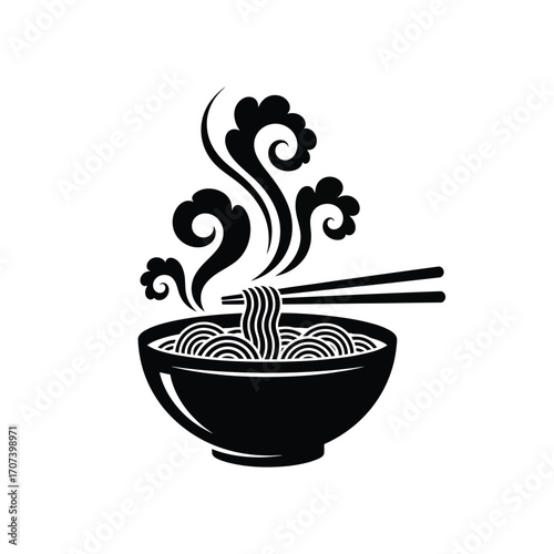 Minimalist black and white vector icon of a steaming hot bowl of Asian noodles with chopsticks, suitable for a restaurant logo or food concept