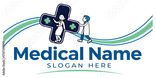 Charming medical logo design with healthcare professionals supporting a plus symbol and wavy lines