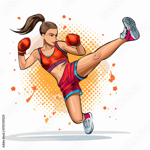 Vector art of a female kickboxer mid-jump, landing a spinning kick, with sweat and motion effects in vibrant comic-book style