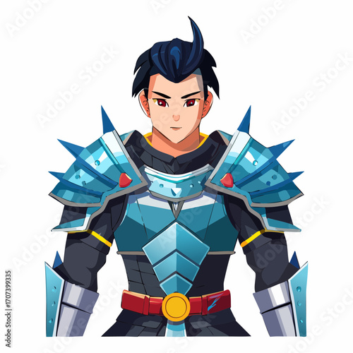 Detailed full-color vector of a fantasy warrior fighter with spiked armor and glowing eyes, standing in battle-ready position