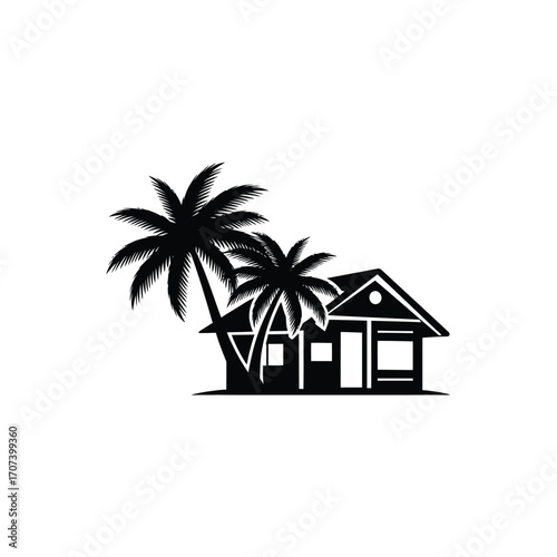 Tropical beach bungalow with palm trees, symbolizing vacation and relaxation