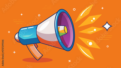 Vector art of blue megaphone with sound waves on orange background for announcement