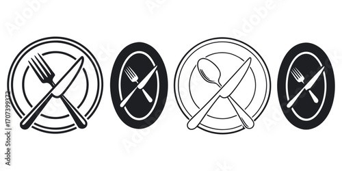 Elegant table setting icons featuring crossed cutlery on plates and oval backgrounds create a sophisticated dining ambiance