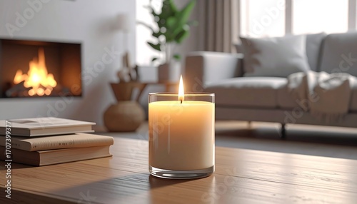 A lit candle glows brightly on a wooden table, in a cozy room with a fireplace and a sofa. Books are on the table