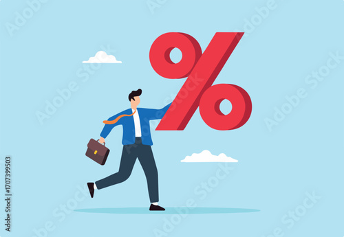 Flat illustration of businessman carry large percentage sign symbolizing financial burden and interest rate