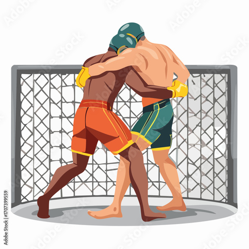 Colorful vector illustration of two MMA fighters in a cage, grappling mid-action, with dramatic shadows and detailed anatomy