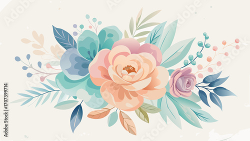 Vector art of watercolor floral arrangement with peach rose and turquoise foliage on light background