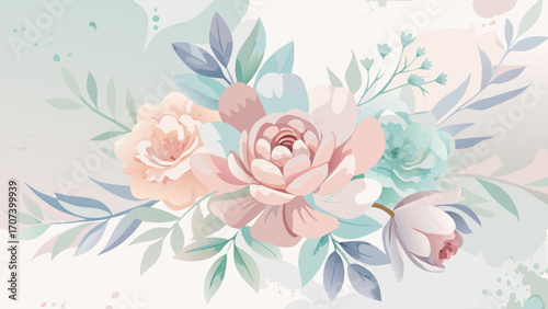 Vector art of watercolor floral bouquet with pastel colors for wedding invitation