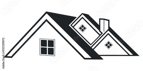 Modern home roofline with geometric windows and chimney symbol