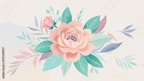 Vector art of delicate floral arrangement with peach rose and pastel foliage on light background