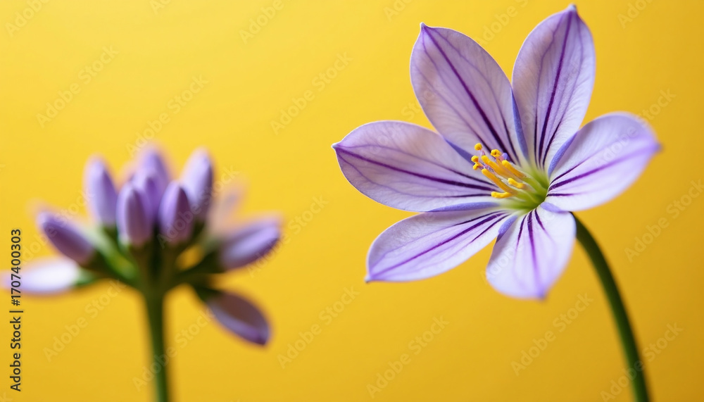 Fototapeta premium Two purple flowers, one open and one budded, on yellow