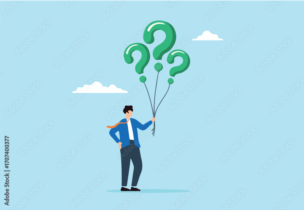 Obraz premium Flat illustration of doubtful businessman hold question mark balloon finding and searching solution answer and solving problem