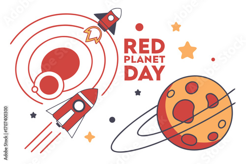 Red Planet Day celebration. Mars landscape with craters, exploring astronauts, rockets, and satellites in a stylized space scene. Flat vector illustration.

