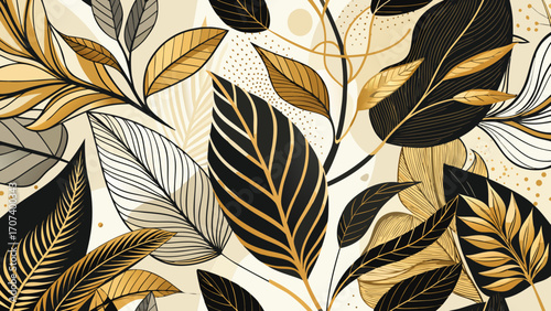 Vector art of exquisite seamless pattern with golden leaves and branches on a beige background