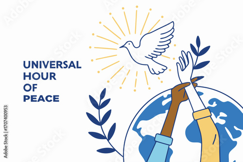 Universal Hour of Peace Vector Illustration with Dove, Globe, and Olive Branches in Modern Minimalist Style