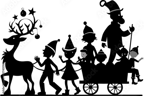  Christmas parade with Santa, elves, and reindeer silhouette  vector black , white background