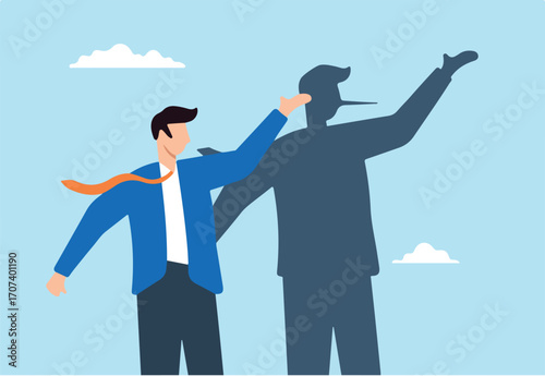 Flat illustration of dishonest businessman shadow reveal long nose lying business fraud and hiding truth