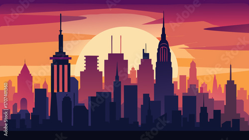 Vector art of new york city skyline silhouette with sunset and purple sky background